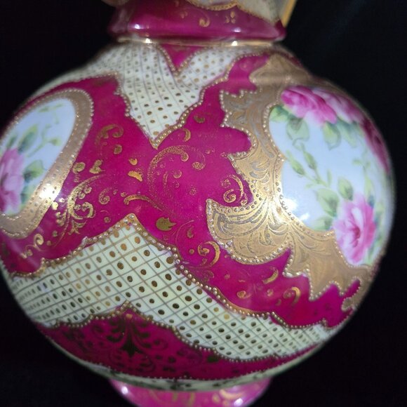 Antique Victorian Style Hand-Painted Porcelain Pitcher, Vase W/ Gold Gilding & F - Picture 10 of 10